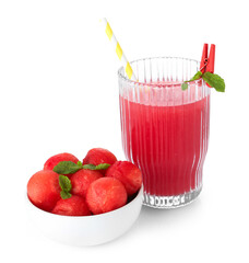 Tasty watermelon drink and fresh cut fruit isolated on white
