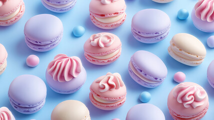 Obraz premium Delightful pastel macarons arranged beautifully on blue background