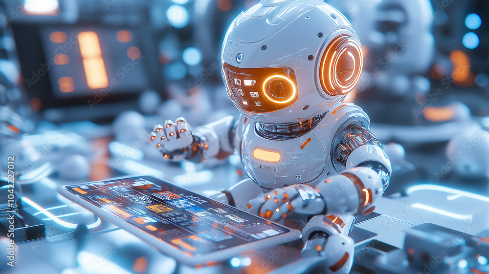 Poster futuristic robot interacting with digital tablet in high tech environment