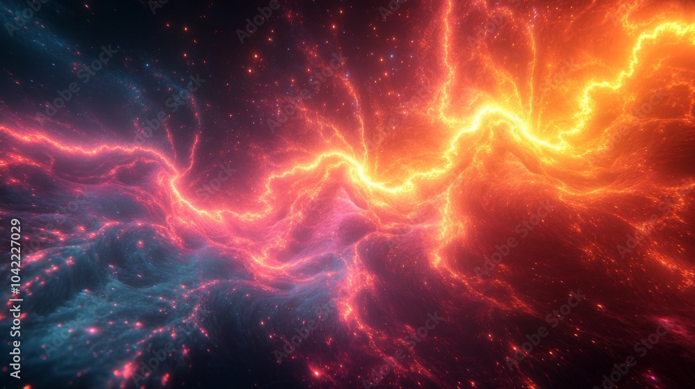 Poster a stunning display of cosmic energy emerges from a nebula, showcasing vivid orange and pink colors a