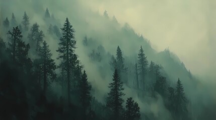 Autumn mountains shrouded in fog, with golden and red leaves on the trees, perfect for tranquil and reflective stock landscape photography.