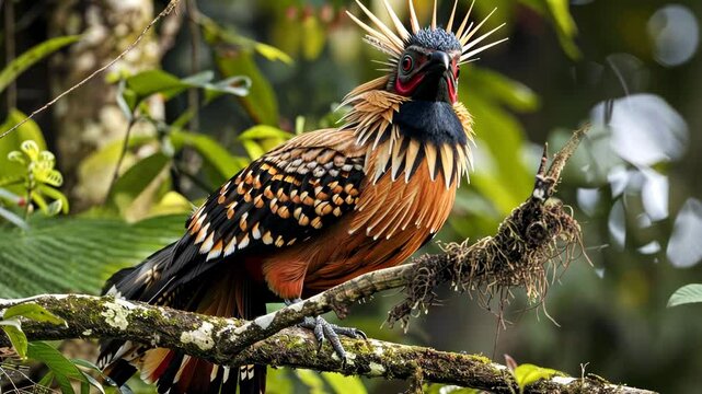 Colorful tropical bird perched on a branch in dense rainforest
