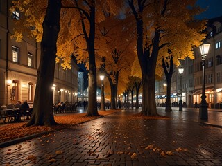 Charming Autumn Street in Munich at Night with Golden Leaves, Cozy Cafés, and Lantern-Lit Pathways