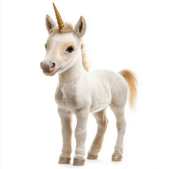 Obraz premium A cute baby unicorn standing on a white background, featuring a small horn and a soft, furry appearance. The image captures the whimsical and magical charm of this fantasy creature