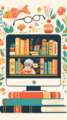 Illustrative scene of a cozy reading nook with digital elements