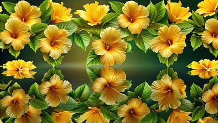 Fototapeta premium Reflected pattern of golden hibiscus flowers and green leaves