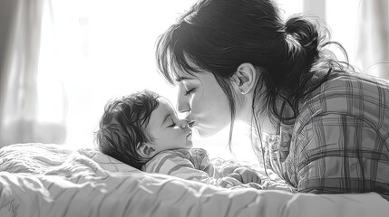 Fototapeta premium Mother tenderly bonding with her newborn child on a cozy bed