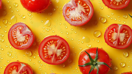 Fresh red tomatoes sliced on vibrant yellow background, glistening with water droplets