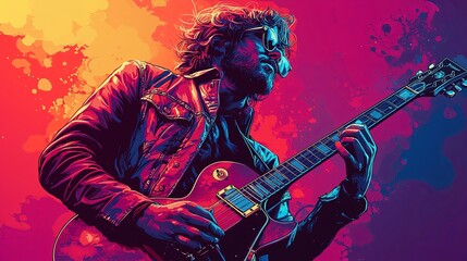 Dynamic rock guitarist performing in vibrant concert illustration