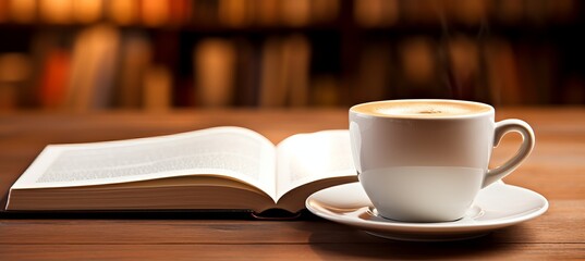 Enjoying coffee with a book in a cozy library setting during the afternoon