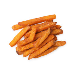 Delicious sweet potato fries isolated on white, top view