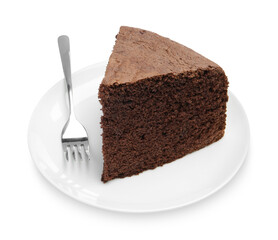Plate with piece of chocolate sponge cake and fork isolated on white