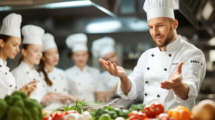 Chef teaching a cooking class, demonstrating techniques to a group of students, culinary education, chef instructor