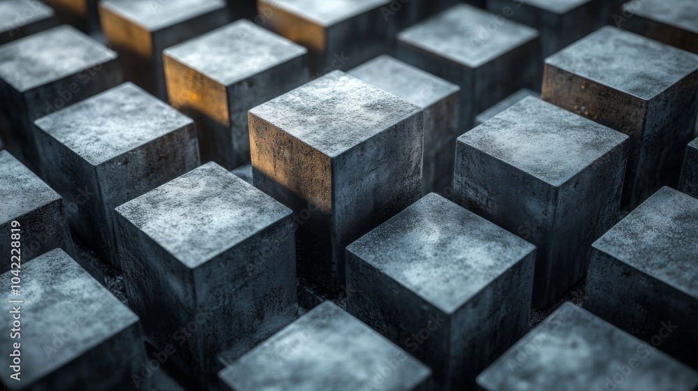 Poster A collection of concrete blocks is arranged in a grid formation, softly illuminated from above, creating an abstract and minimalist atmosphere. The contrast of light and shadow adds depth.