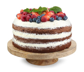 Delicious chocolate sponge cake with berries isolated on white