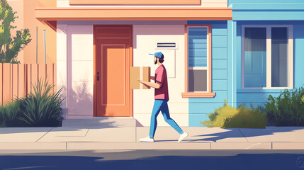 Courier walking towards a house with a package, clean residential area, home package delivery, courier service