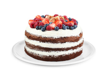 Delicious chocolate sponge cake with berries isolated on white
