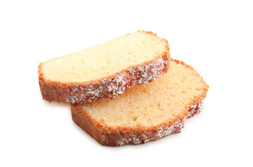 Slices of freshly baked sponge cake isolated on white
