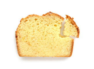 Slice of freshly baked sponge cake isolated on white, top view