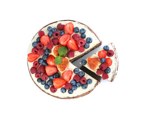 Cut delicious chocolate sponge cake with berries isolated on white, top view