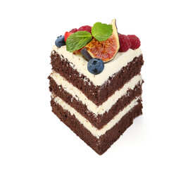 Piece of delicious chocolate sponge cake with berries isolated on white