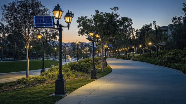 A well-lit boulevard at dusk, with elegant solar-powered streetlights illuminating the sidewalks and trees, creating a peaceful evening scene.