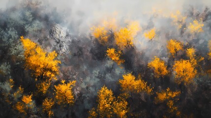 Fototapeta premium Foggy autumn mountains with vibrant fall colors, mist covering the peaks and trees, creating a peaceful and serene landscape for stock visuals. Misty autumn mountain range with colorful fall foliage, 