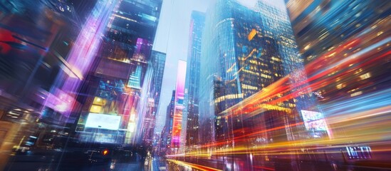 Obraz premium Blurred view of a busy city street with tall buildings and light trails.