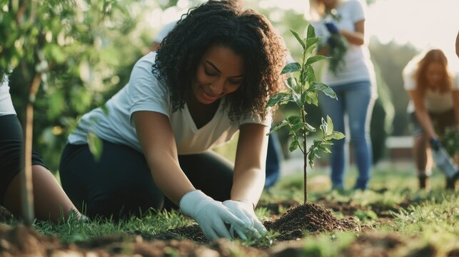 A volunteer event where diverse community members plant trees in a neighborhood park, Reflecting environmental activism and inclusive green initiatives, photography style