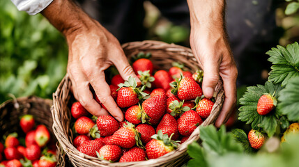 Freshly picked strawberries being placed into a basket, closeup of hands, strawberry harvest, fresh produce