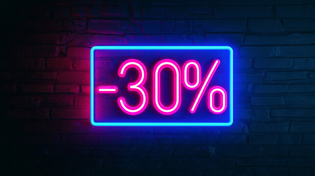 Neon 30 percent discount sign on brick wall. Cyber Monday mockup. Digital retail concept. Image for advertising with copy space.