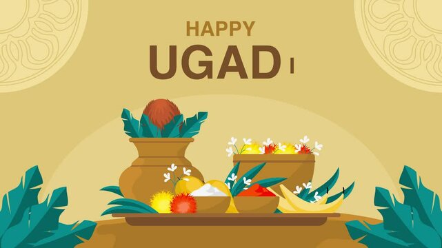 Happy Ugadi. India, Ugadi Motion Graphics, Guru Ugadi marks the New Year in the Deccan region, celebrated with festive foods like Ugadi Pachadi, symbolizing life's ups and downs.