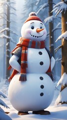 Obraz premium Merry christmas and happy new year greeting card with copy-space.Happy snowman standing in winter christmas landscape.Snow background
