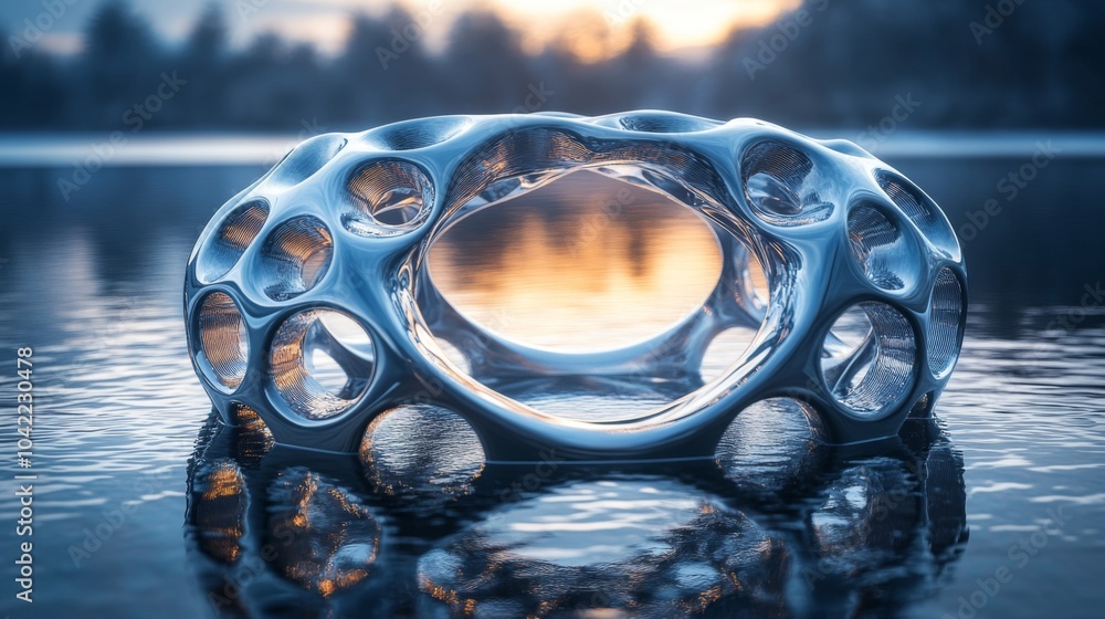 Poster An abstract sculptural design rests on the tranquil water's surface, reflecting the warm hues of sunrise. The unique forms create an intriguing visual harmony with the environment.
