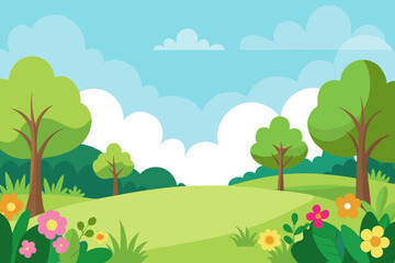 Blank meadow flower landscape scene with many trees