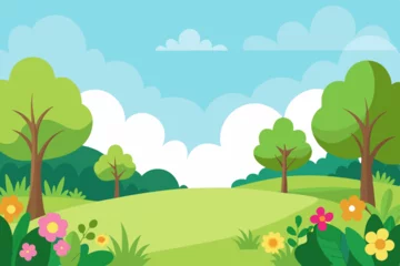 Gardinen Blank meadow flower landscape scene with many trees © Chayon Sarker