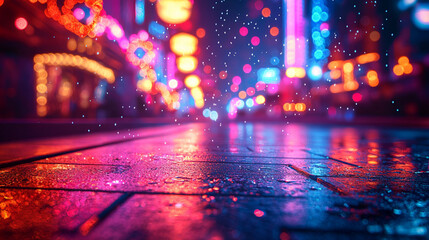 Fototapeta premium Neon city street lights reflection on wet road. Cyber Monday mockup. Digital retail concept. Image for advertising with copy space.
