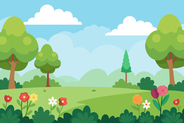 Blank meadow flower landscape scene with many trees
