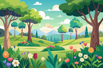 Naklejka premium Blank meadow flower landscape scene with many trees