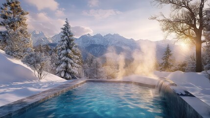 Winter Wonderland Spa with a Heated Outdoor Pool Overlooking Snow-Capped Mountains