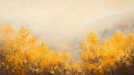 Fototapeta premium Foggy autumn mountains with vibrant fall colors, mist covering the peaks and trees, creating a peaceful and serene landscape for stock visuals. Misty autumn mountain range with colorful fall foliage, 