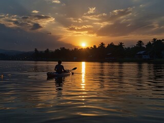 Sunset on the river. man riding a boat.