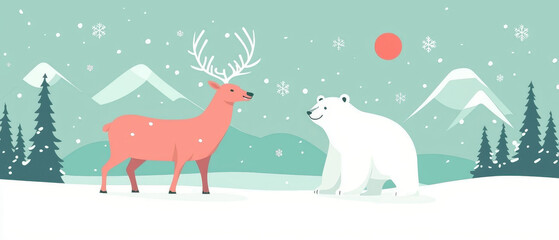 Obraz premium A tranquil winter scene featuring a deer and a polar bear amidst snowy mountains and gently falling snowflakes.