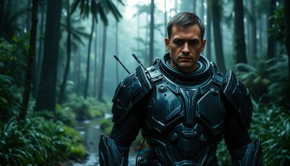 Naklejka premium A lone soldier in advanced armor stands amidst a dense, misty jungle during twilight, ready for a mysterious mission