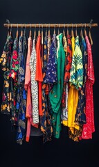 Colorful patterned shirts hanging on a rack.