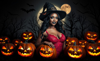 A mysterious witch in a black hat and red lace dress is surrounded by carved glowing pumpkins under a full moon, creating a magical Halloween atmosphere.