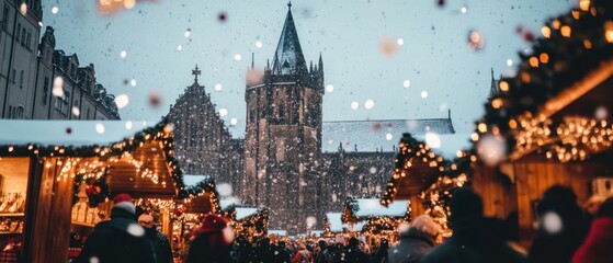 Snowy City Square with Festive Holiday Lights