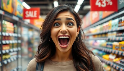 Excited woman celebrating a great sale in a grocery store aisle filled with colorful products