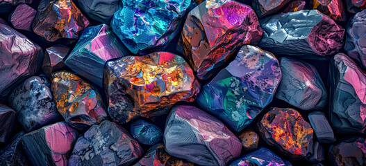 Collection of colorful rocks with a blue and yellow rock in the middle. The rocks are scattered and appear to be of different sizes