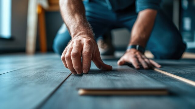 Man installing laminate flooring, Home improvement and renovation concept.